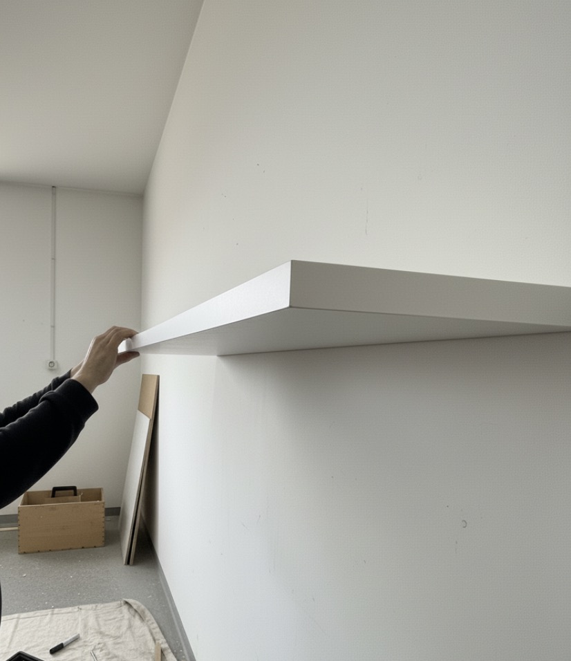 a thick mdf floating shelf installed flush against a wall with a hidden bracket